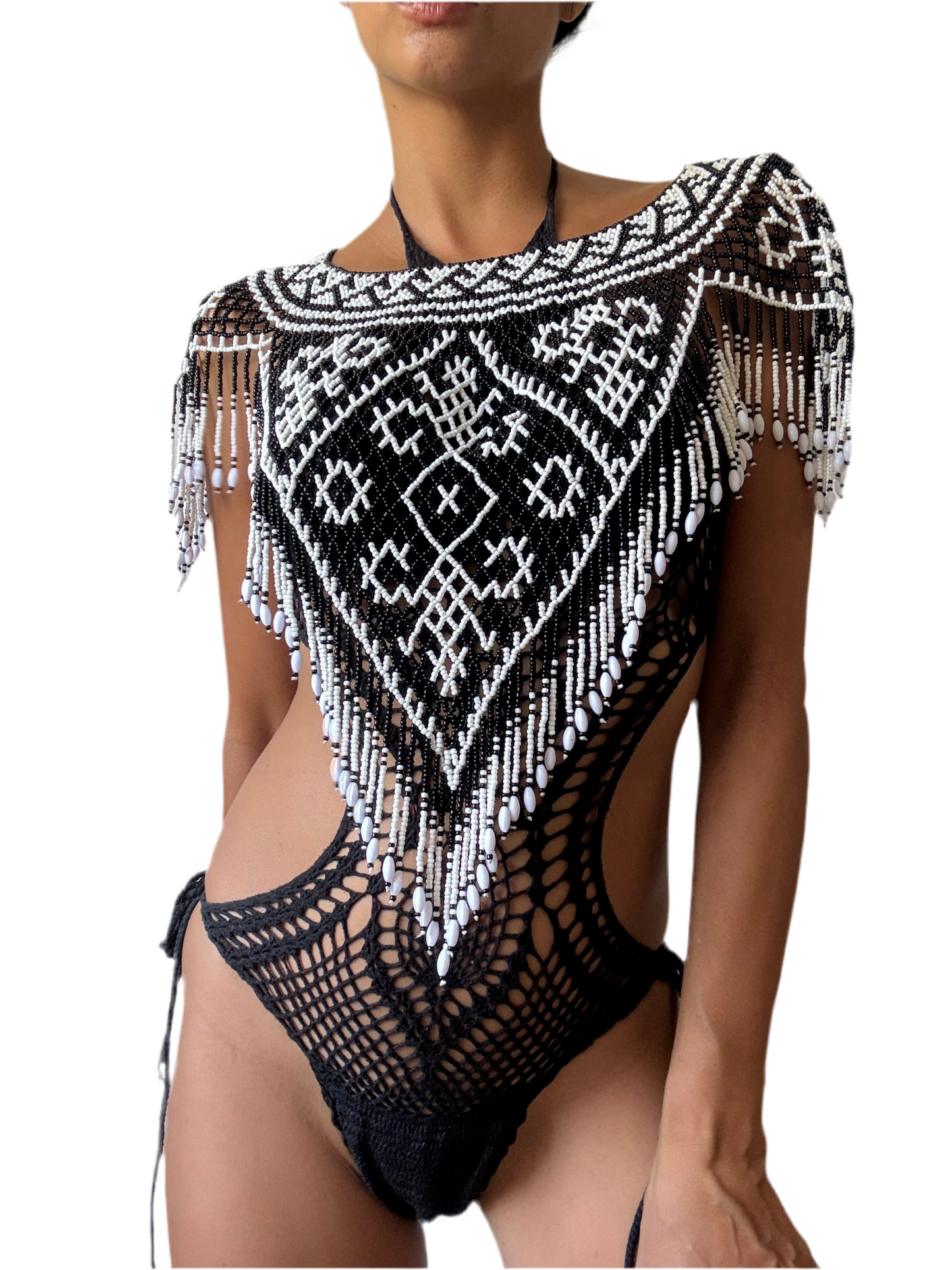 Aya Beaded Top in Black/White