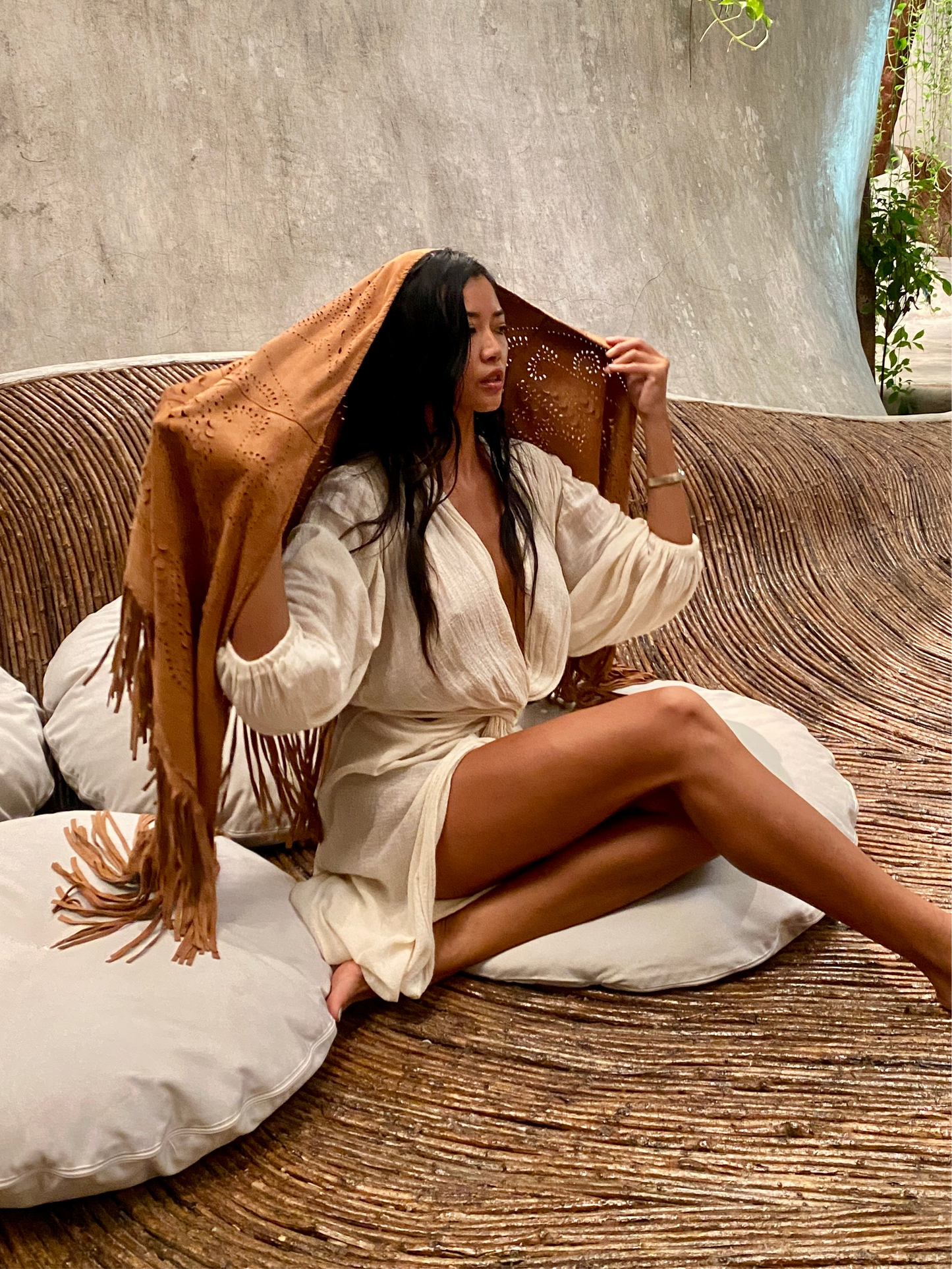 Suede Fringe Shawl in Honey Brown