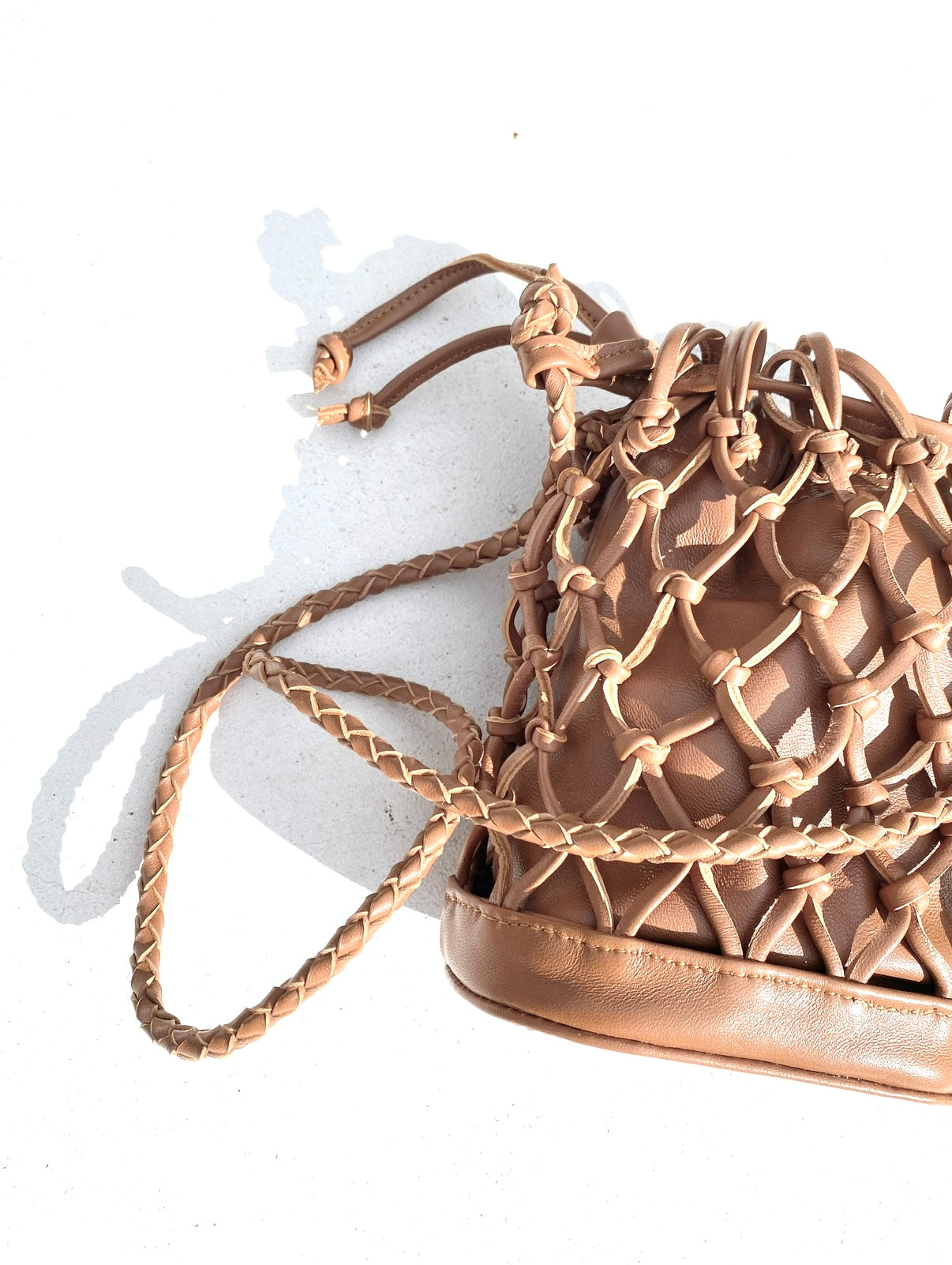 Mini Leather Net Bag in Camel