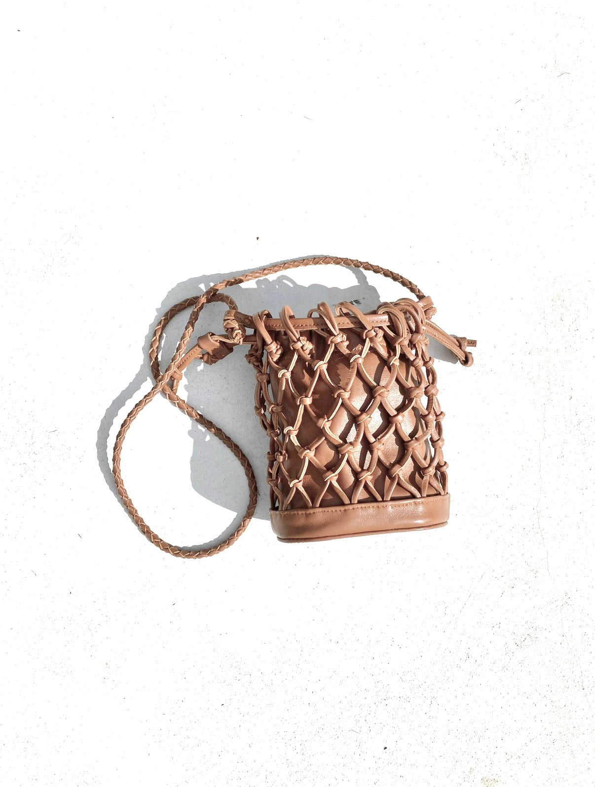 Mini Leather Net Bag in Camel