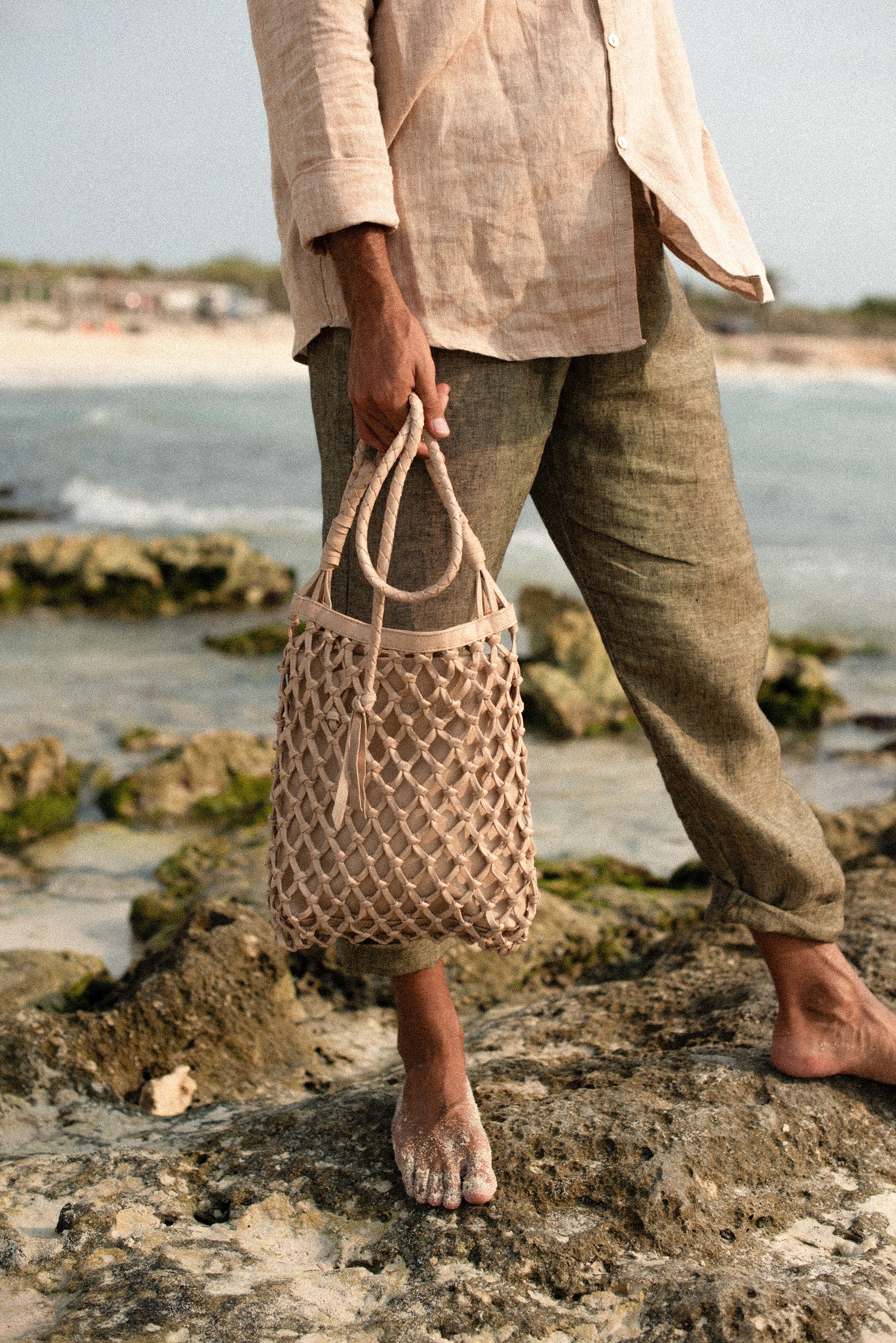Cruza Leather Net Bag in Sand