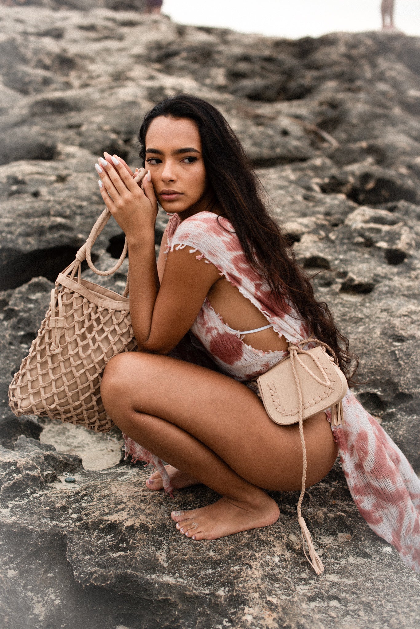 Cruza Leather Net Bag in Sand