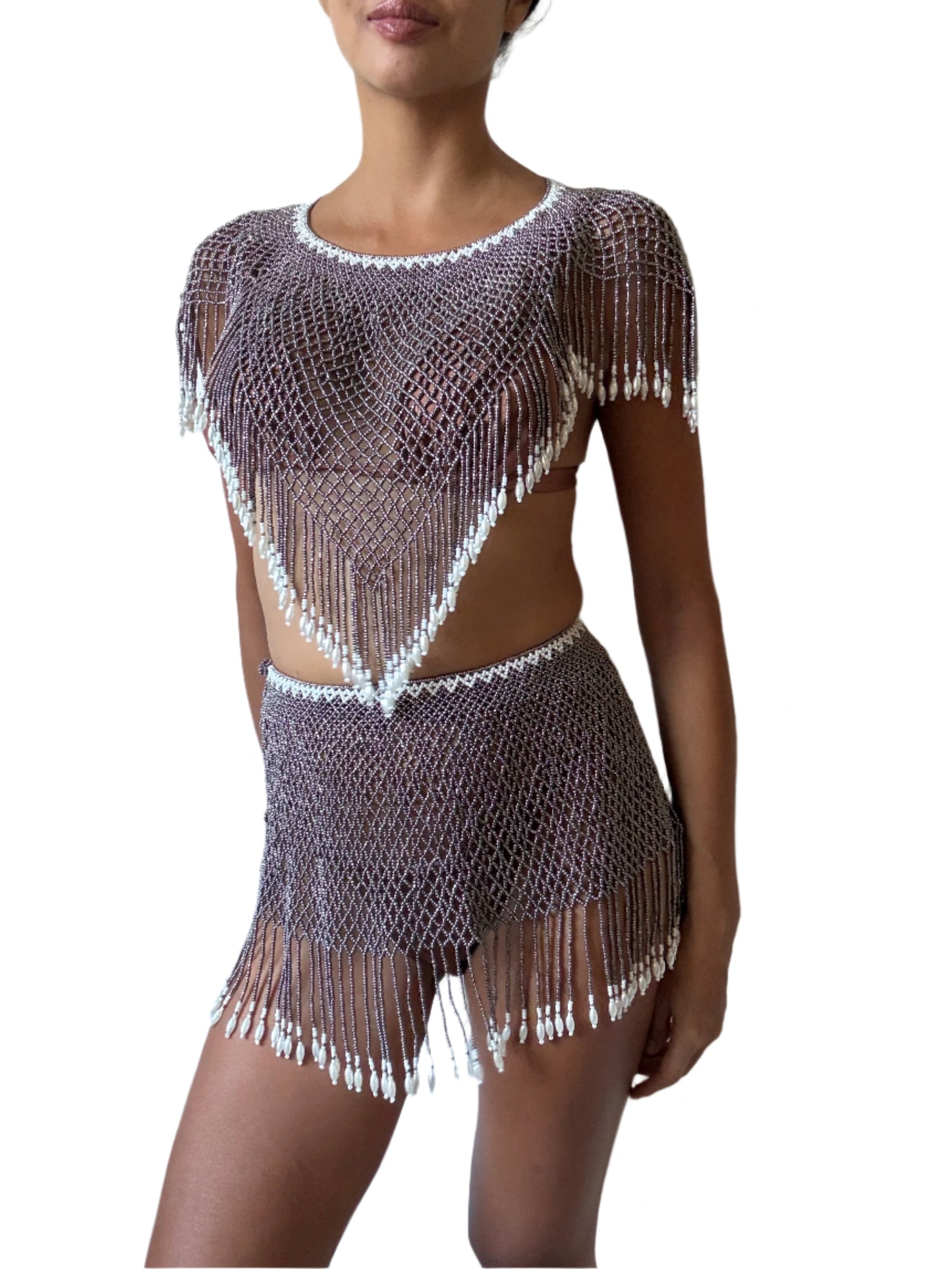 Athena Beaded Skirt Set in Silver