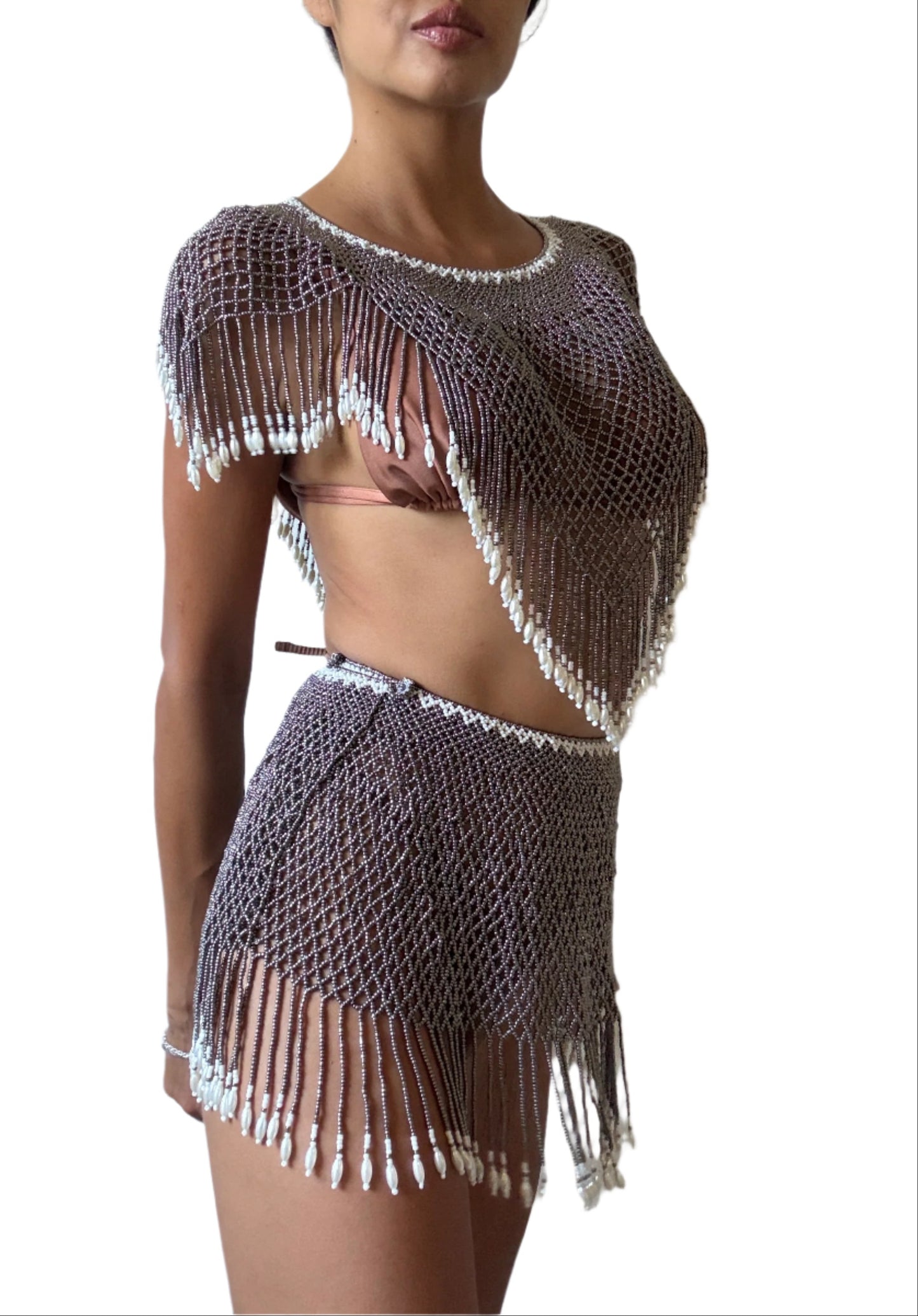 Athena Beaded Skirt Set in Silver