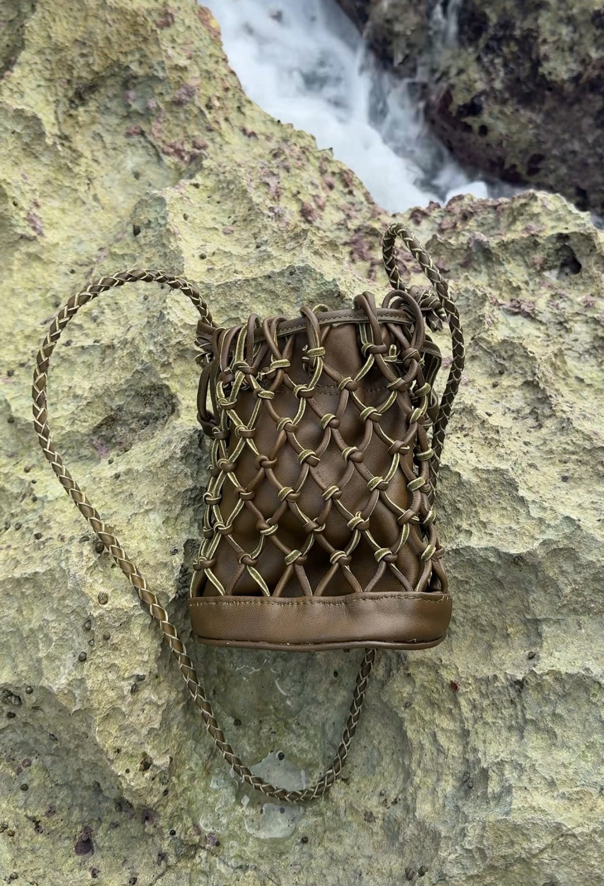 Mini Leather Net Bag in Camel