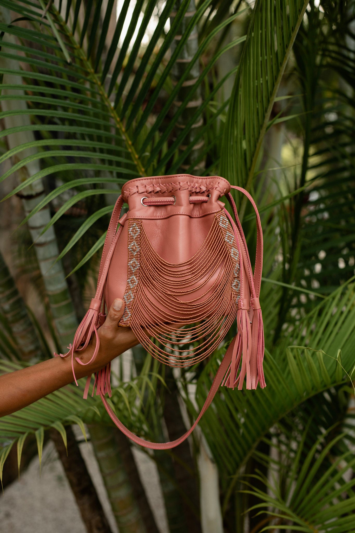 Dusty Rose Pink Beaded Bucket Bag