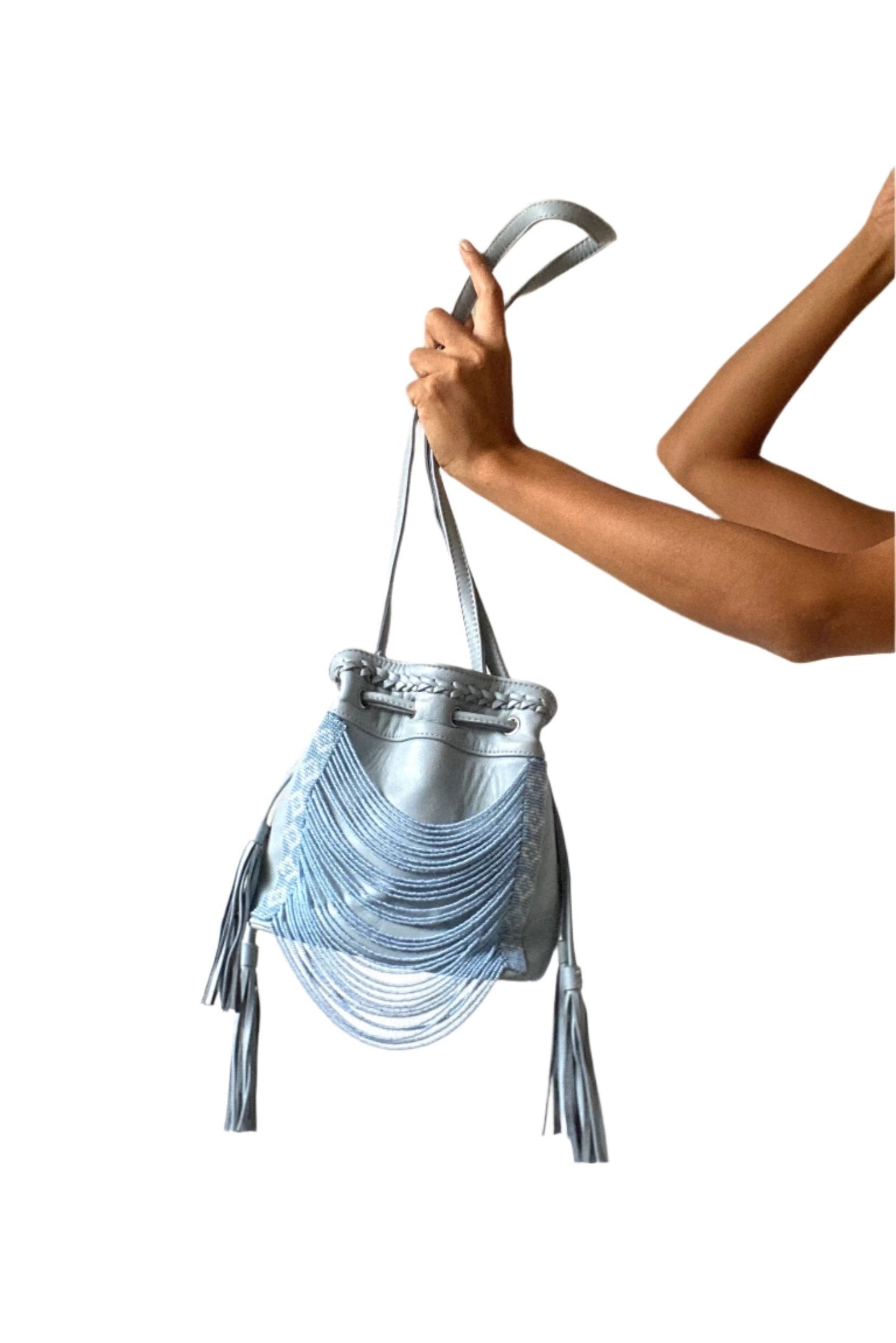 Cloud Blue Beaded Bucket Bag