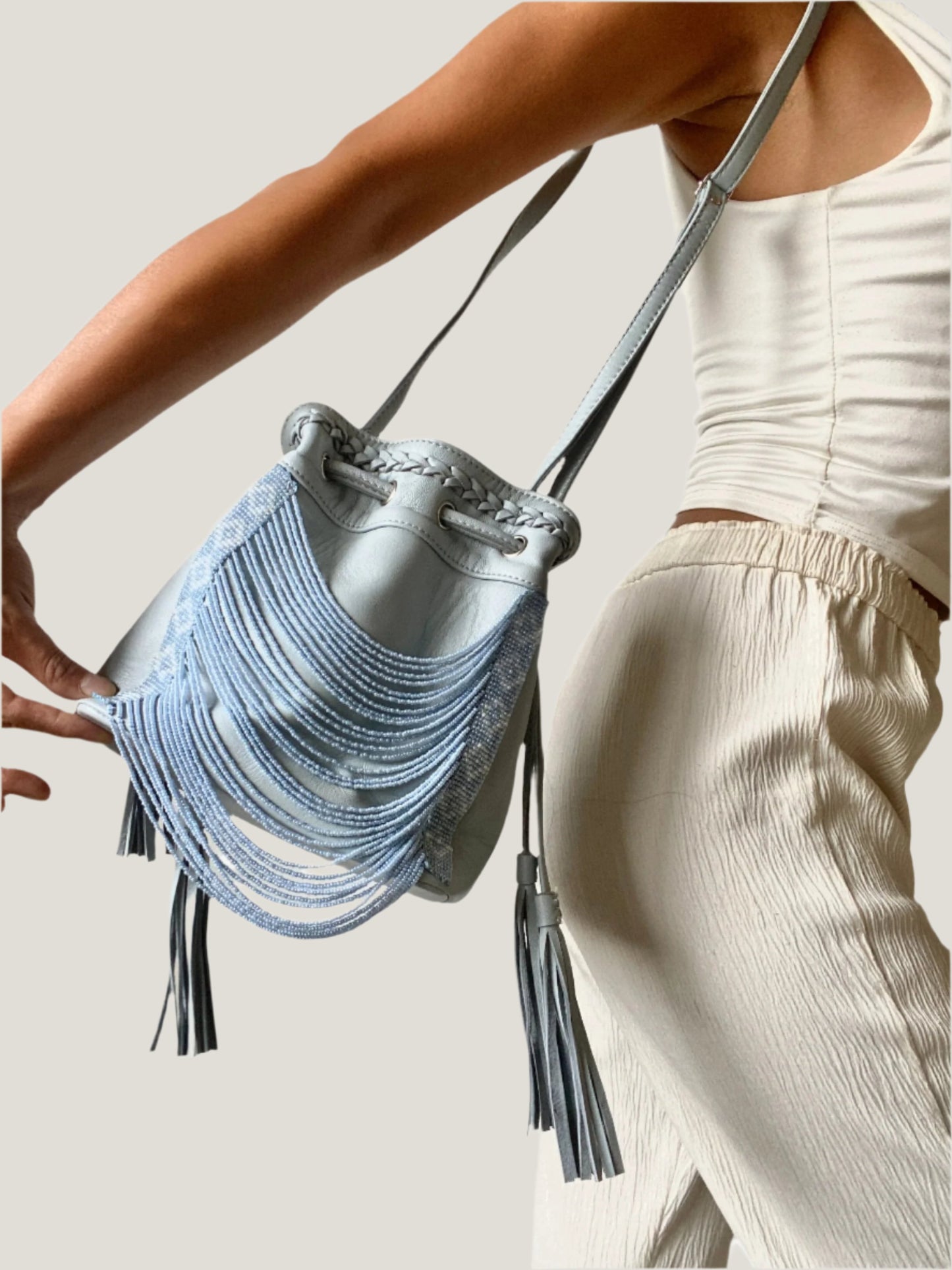 Cloud Blue Beaded Bucket Bag