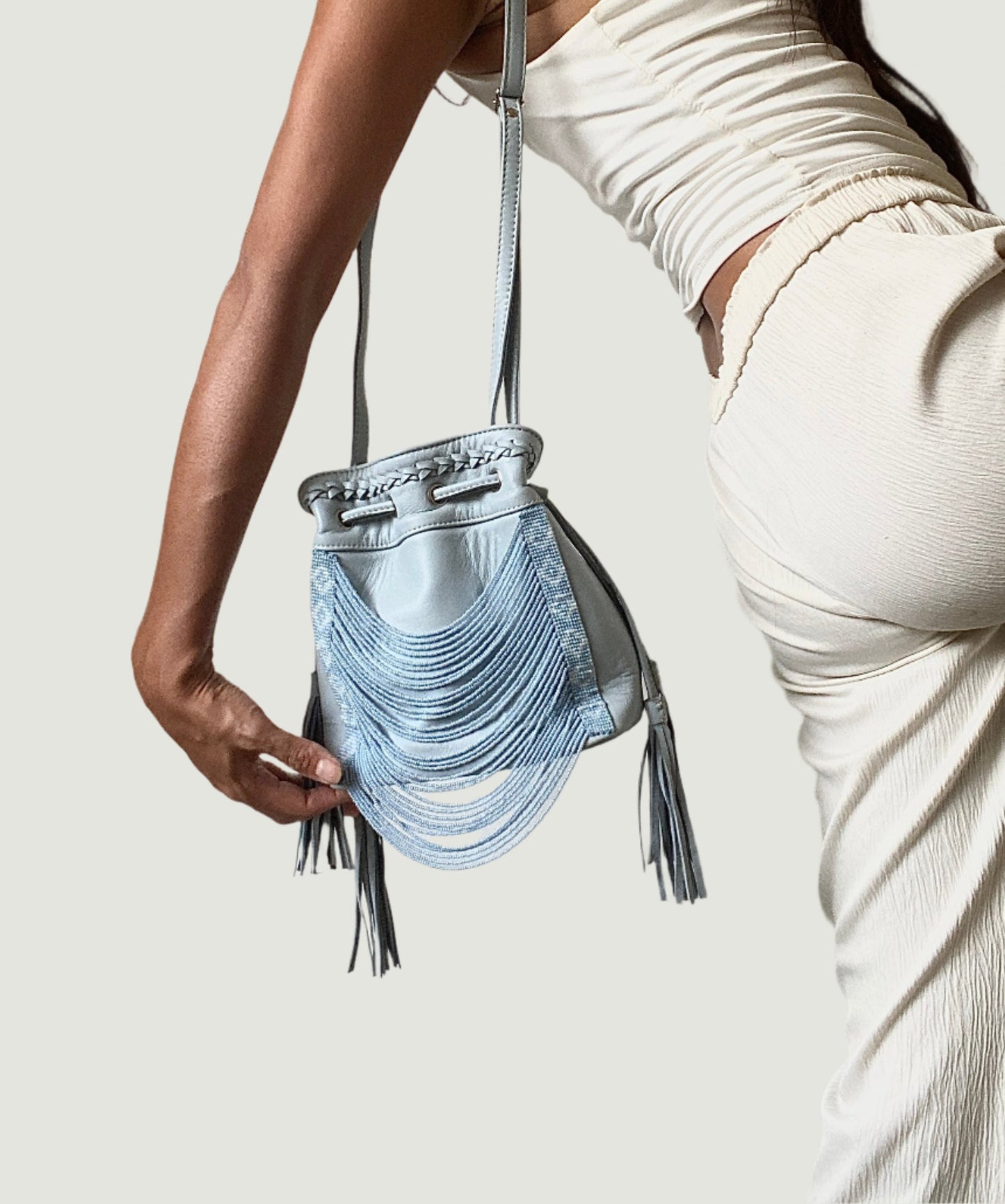 Cloud Blue Beaded Bucket Bag