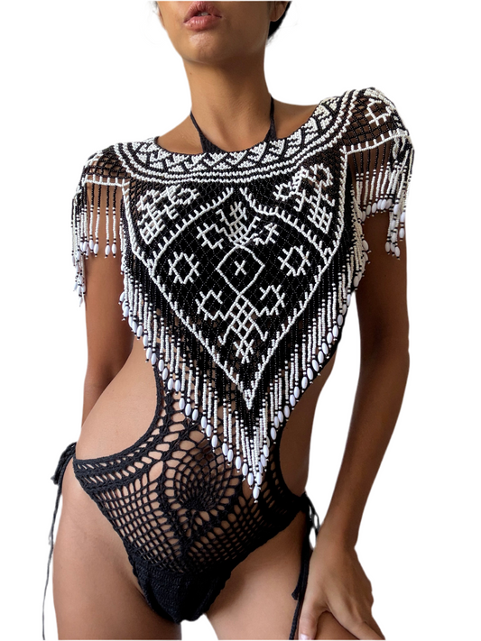 Aya Beaded Top in Black/White