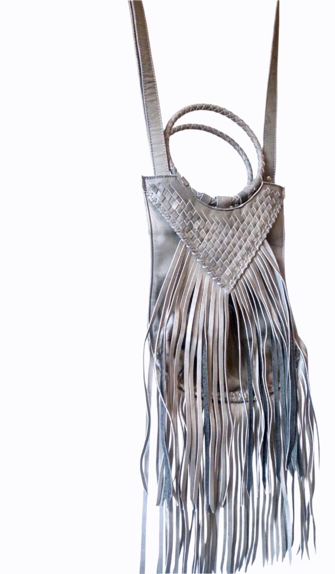 Long Fringe Woven Purse in Grey