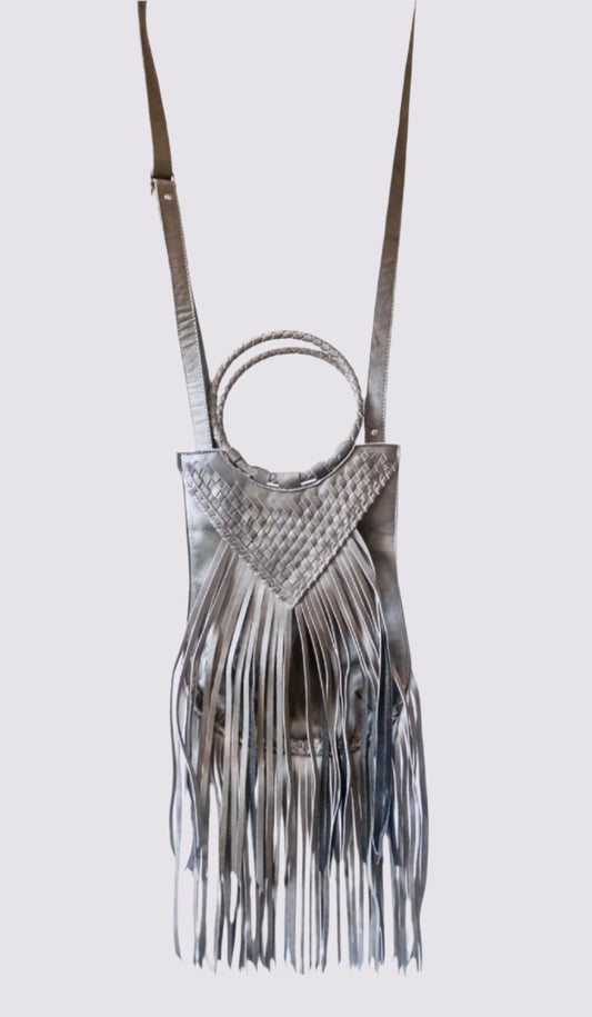 Long Fringe Woven Purse in Grey