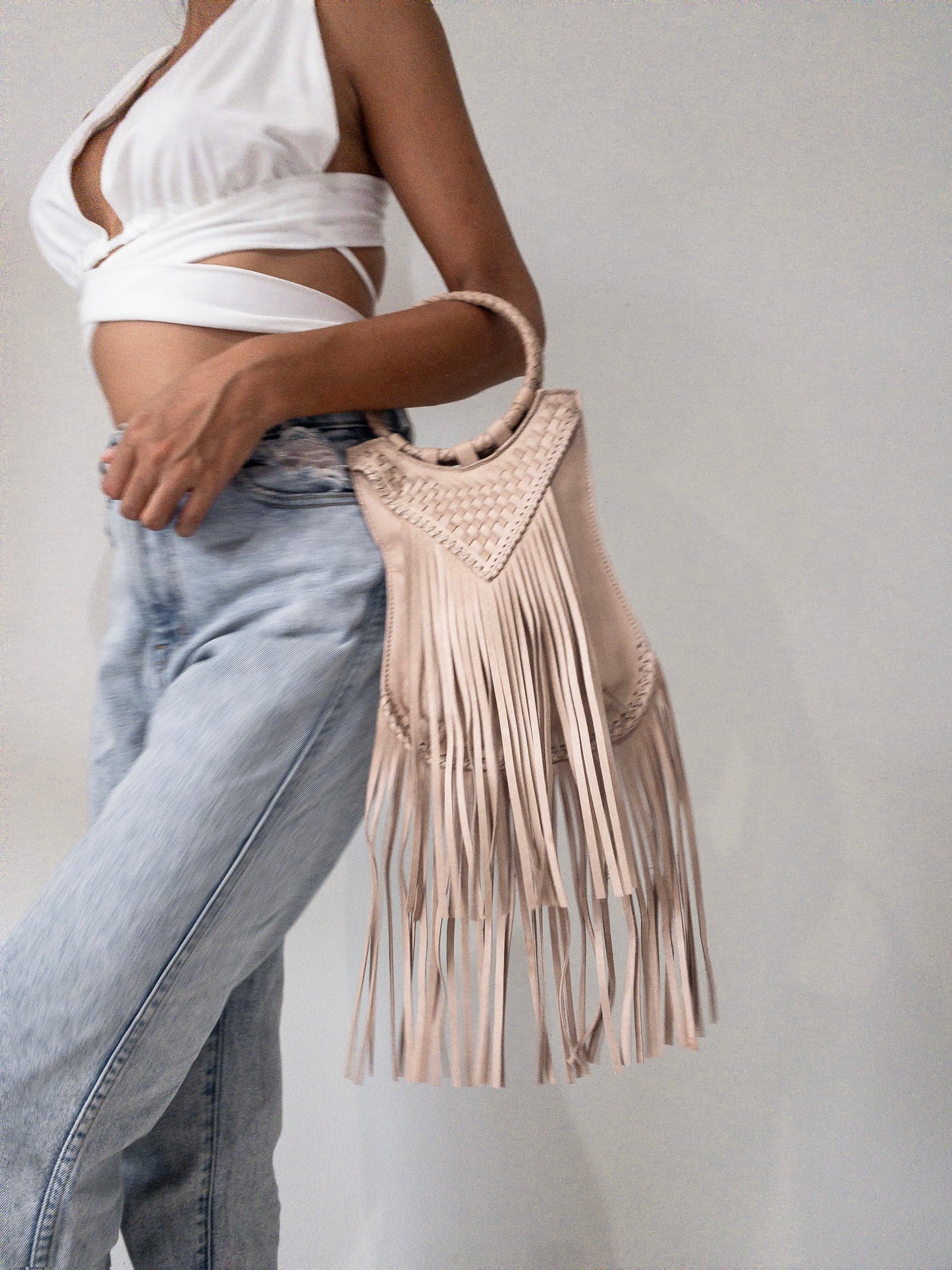 Long Fringe Woven Purse in Sand