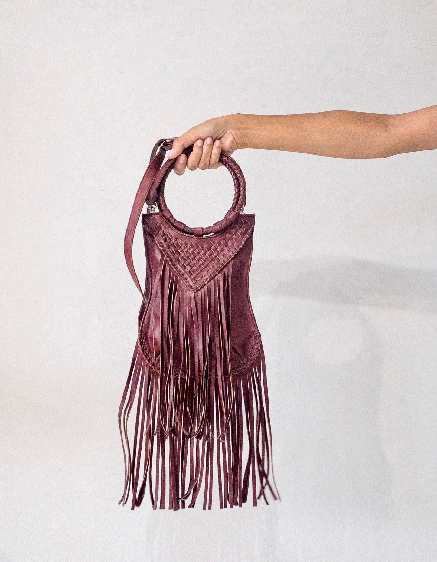 Long Fringe Woven Purse in Burgundy Red