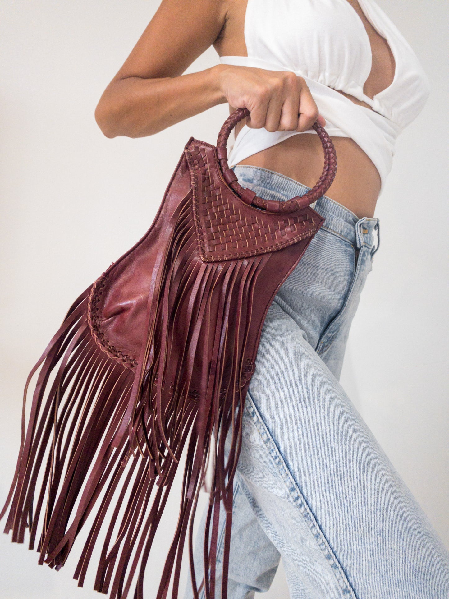 Long Fringe Woven Purse in Burgundy Red