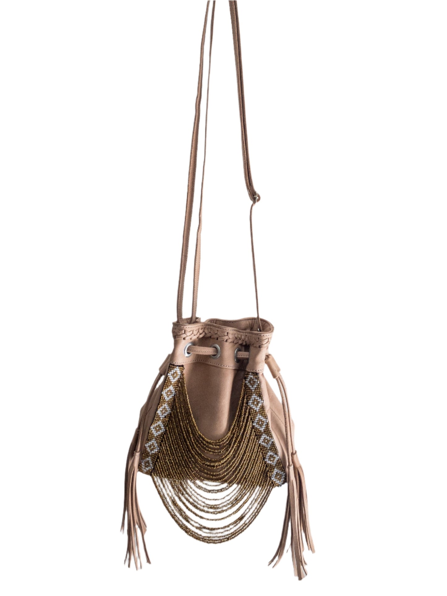 Gold Sand Mini Beaded Bucket Bag