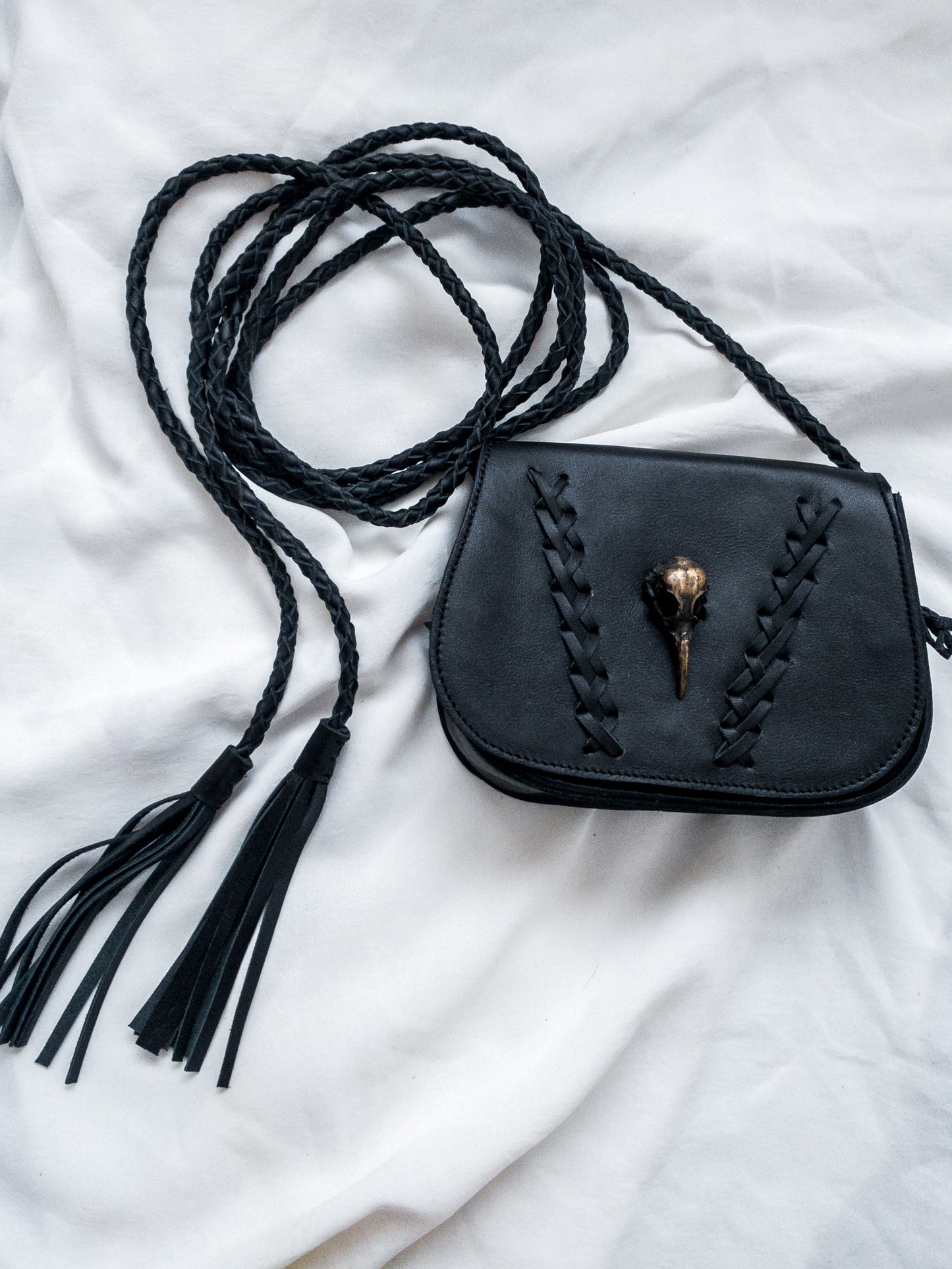 Black Sparrow Skull Braided Belt Bag