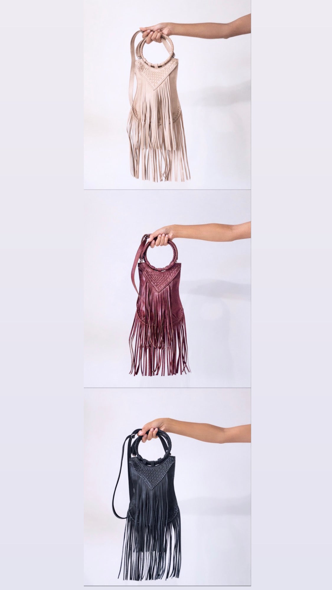 Long Fringe Woven Purse in Burgundy Red