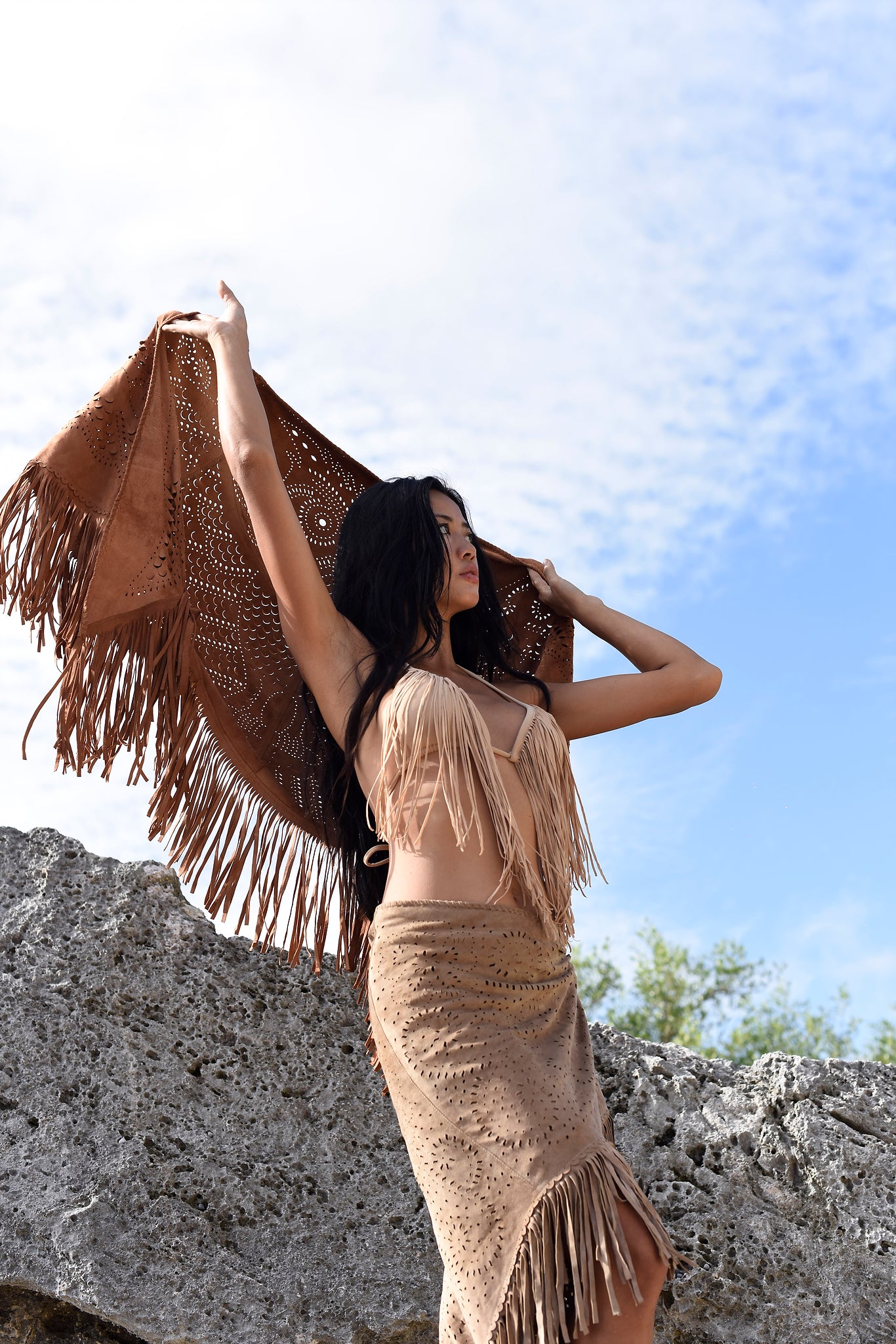 Suede Fringe Shawl in Honey Brown