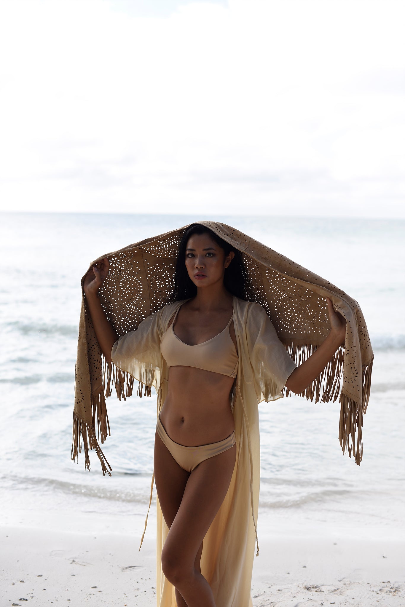 Suede Fringe Shawl in Sand