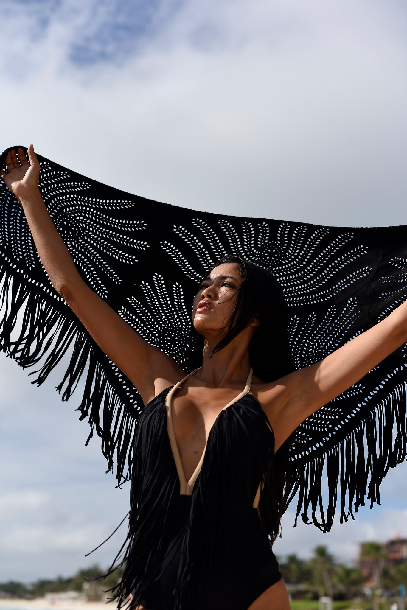 Suede Fringe Shawl in Black