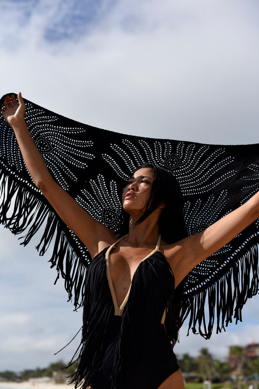 Suede Fringe Shawl in Black