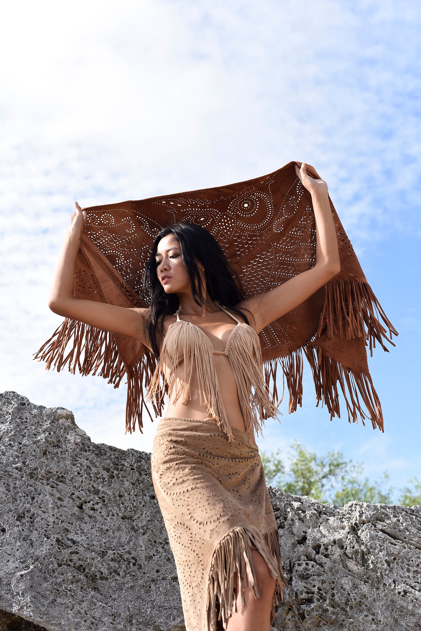 Suede Fringe Shawl in Honey Brown