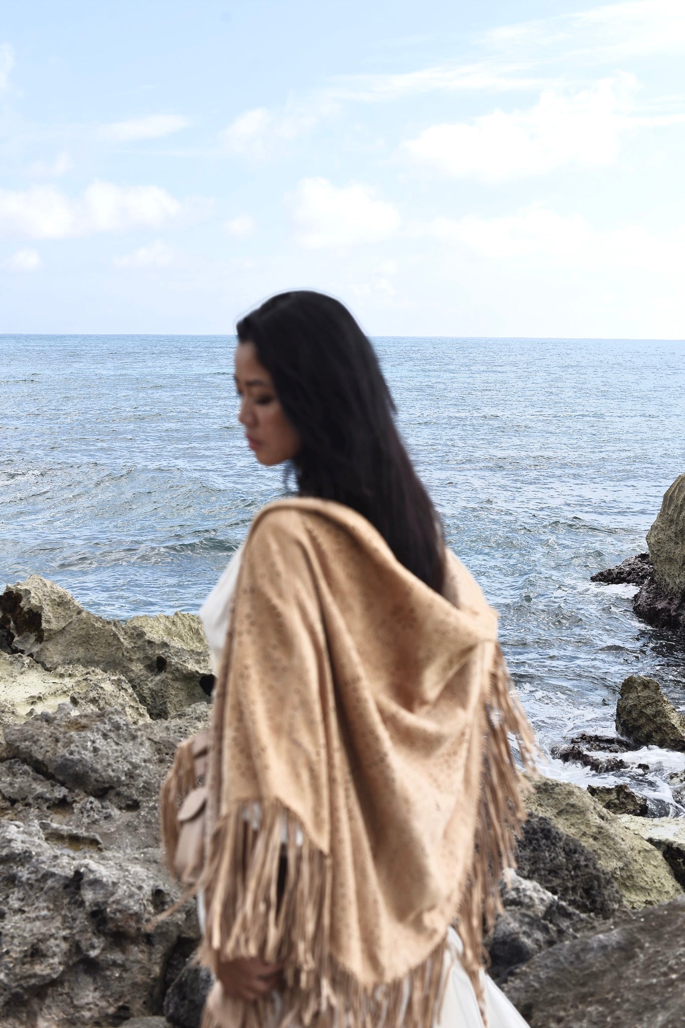 Suede Fringe Shawl in Sand