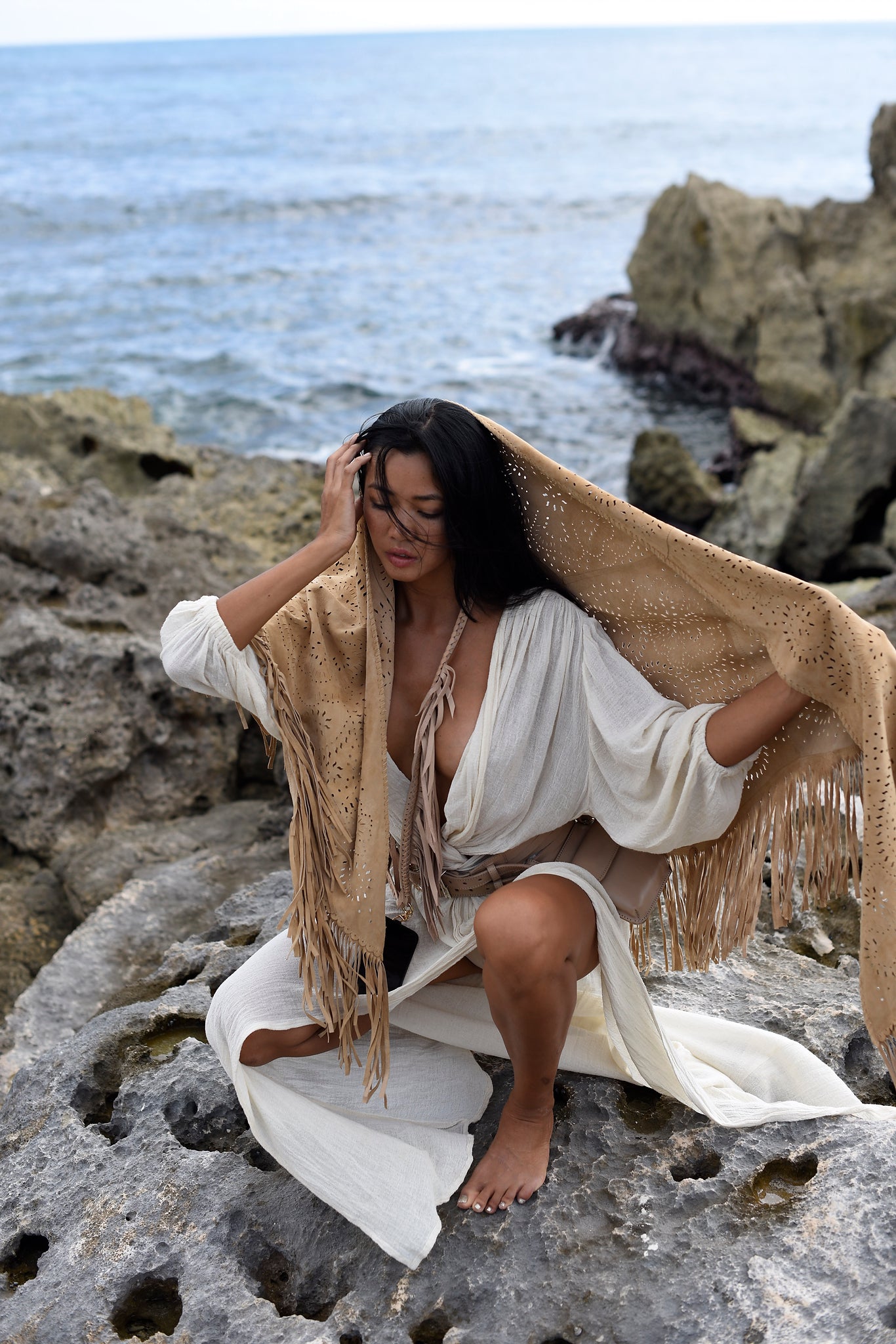 Suede Fringe Shawl in Sand