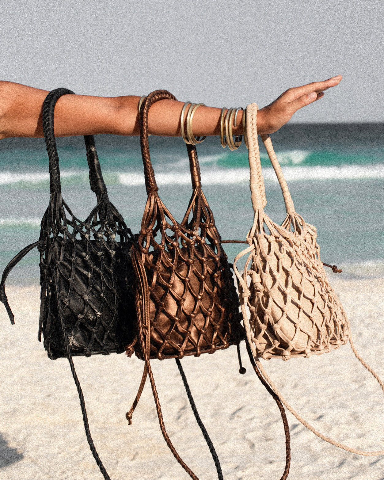 Maia Leather Net Purse in Sand