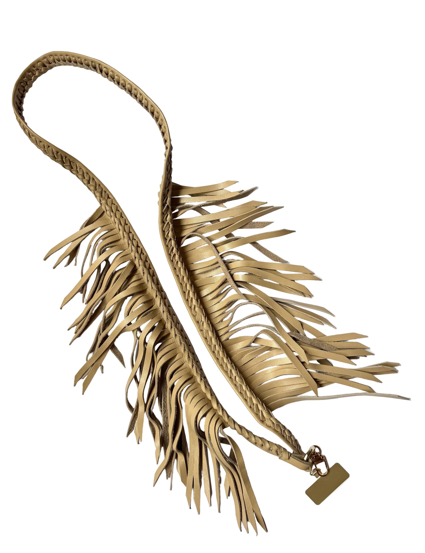 Beige leather fringe bag on a white background