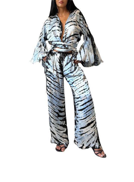 Mar Satin Pants Set in Ocean Blue