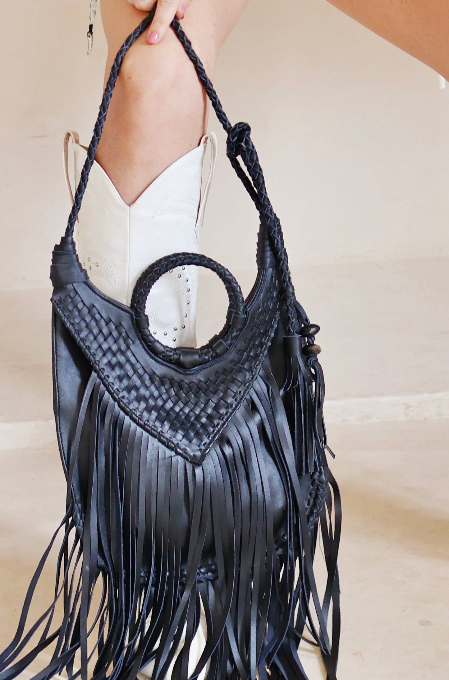 Medium Frey Fringe Bag in Black