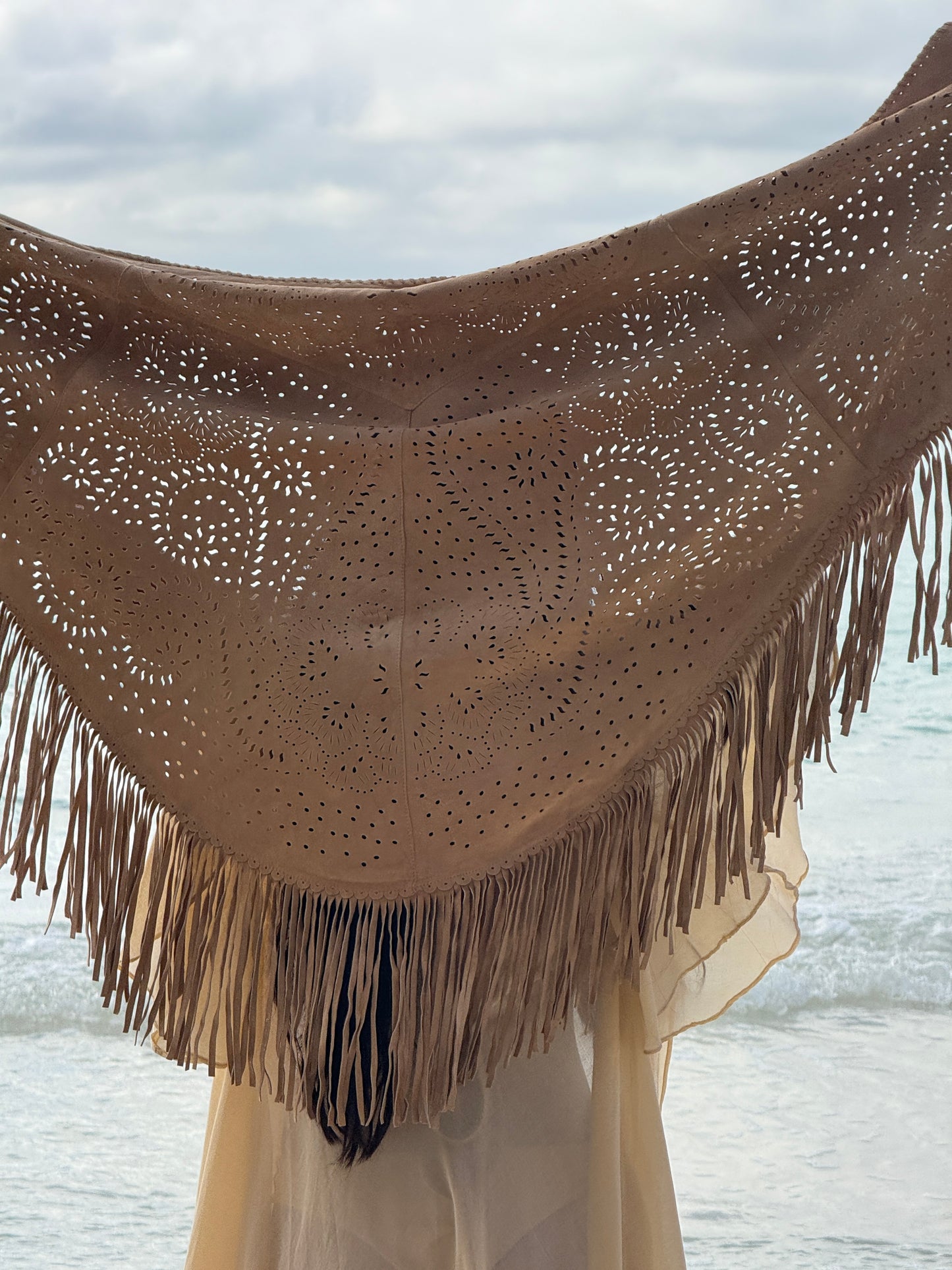 Suede Fringe Shawl in Sand