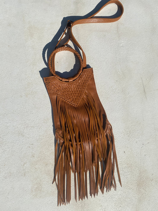 Long Fringe Woven Purse in Tan