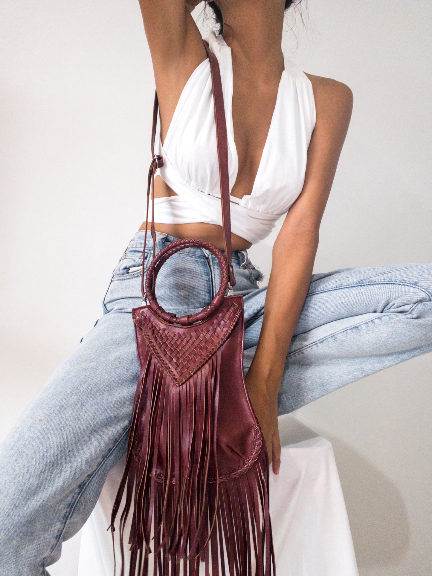 Long Fringe Woven Purse in Burgundy Red