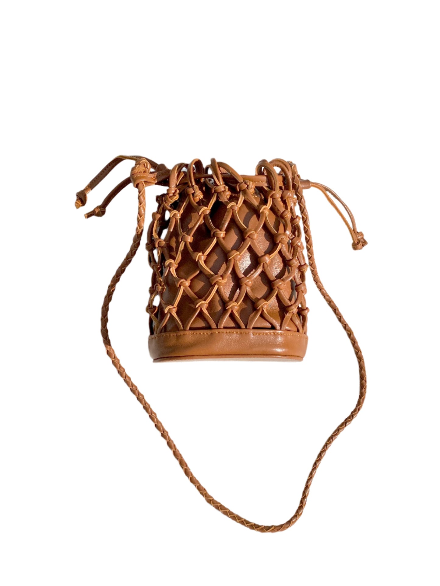 Mini Leather Net Bag in Camel/Sand