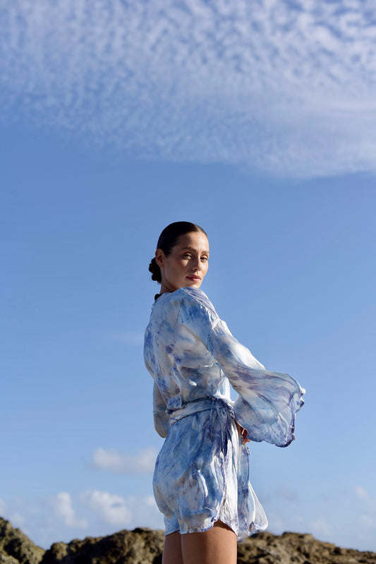 Mar Silk Shorts Set in Sky Blue