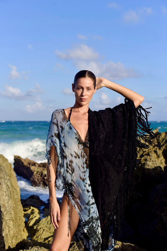 Suede Fringe Shawl in Black