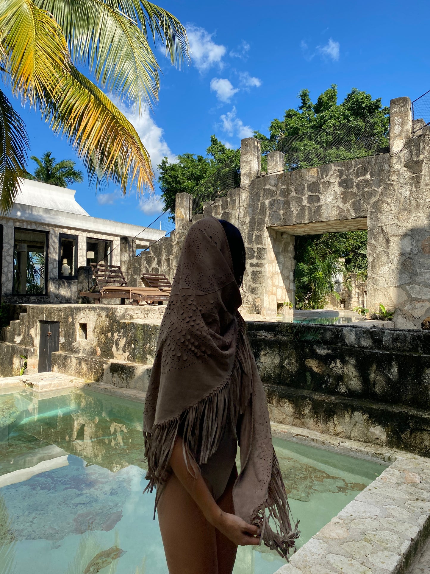 Suede Fringe Shawl in Taupe