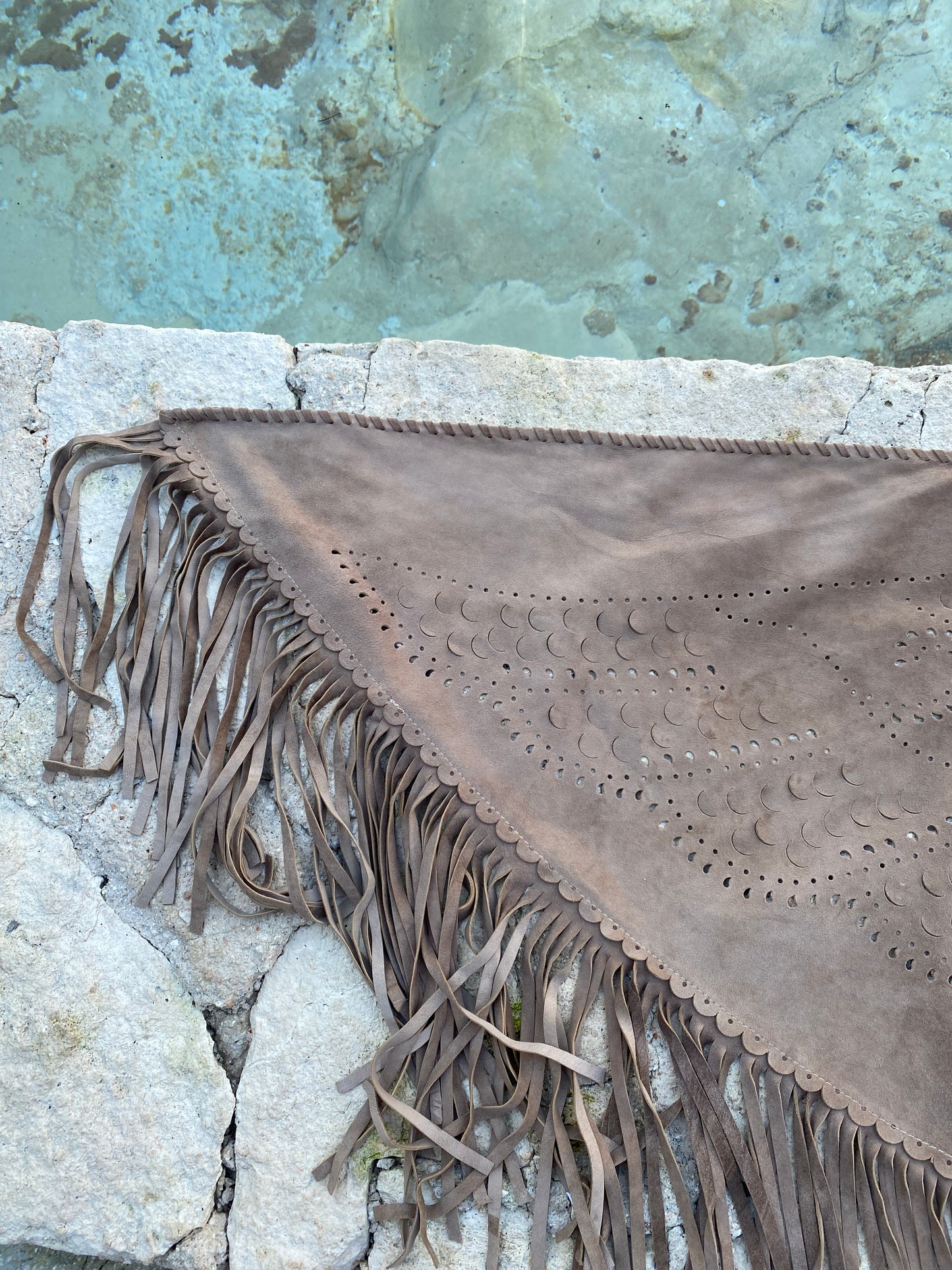 Suede Fringe Shawl in Taupe