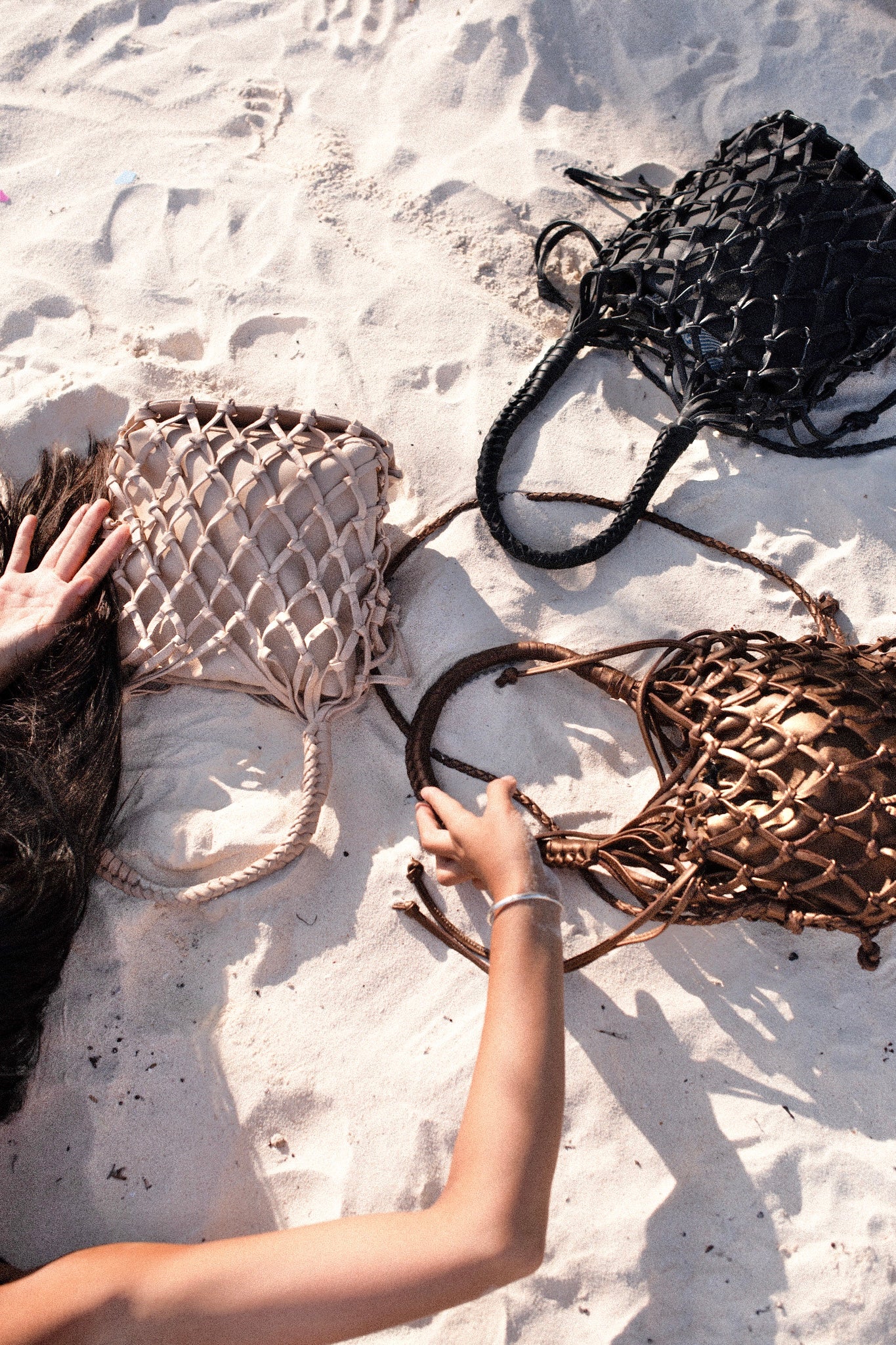 Maia Leather Net Purse in Sand