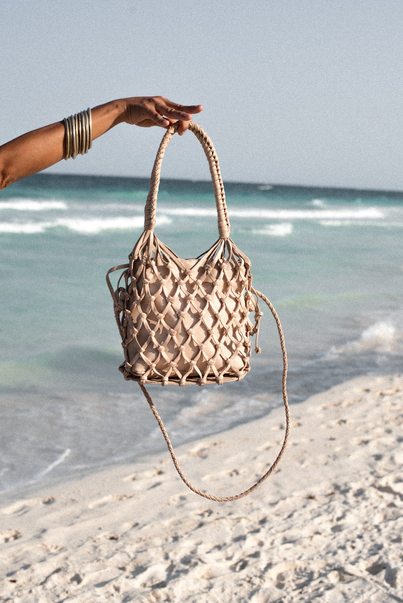 Maia Leather Net Purse in Sand