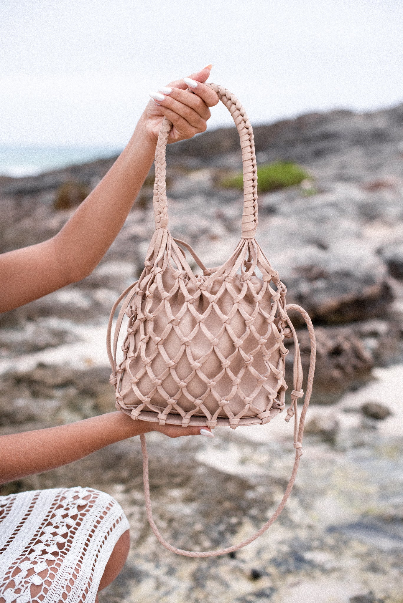 Maia Leather Net Purse in Sand