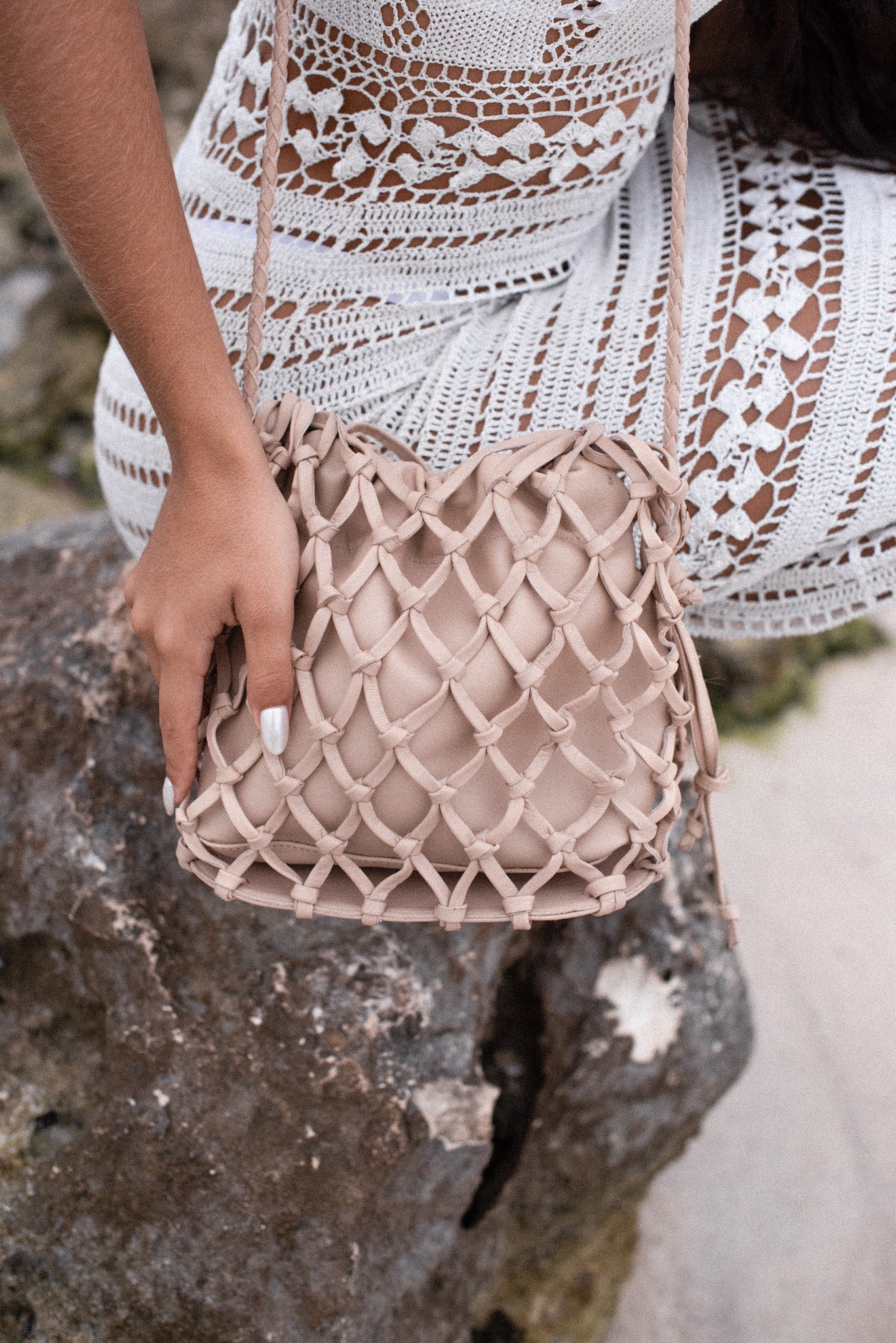 Maia Leather Net Purse in Sand