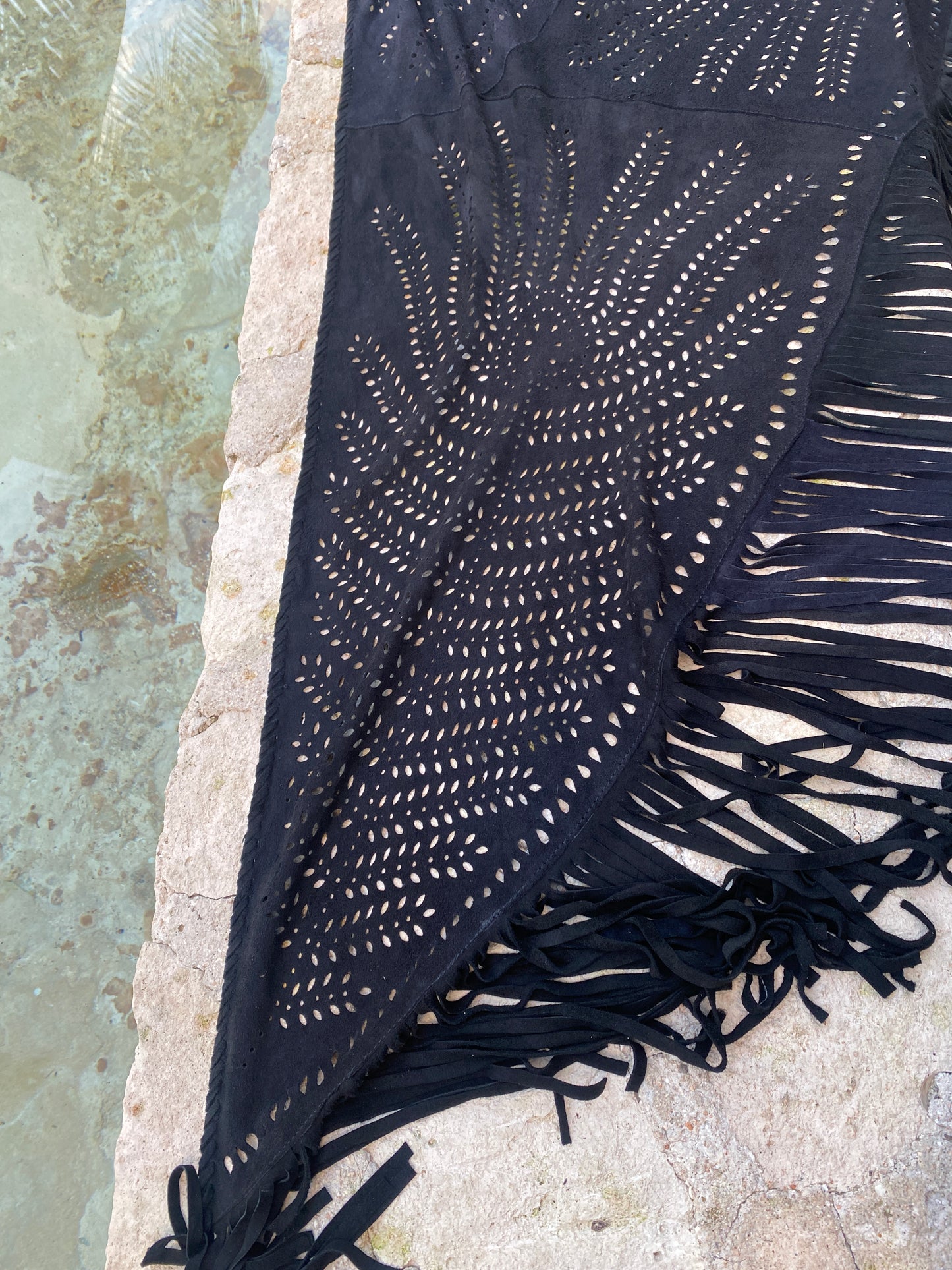 Suede Fringe Shawl in Black