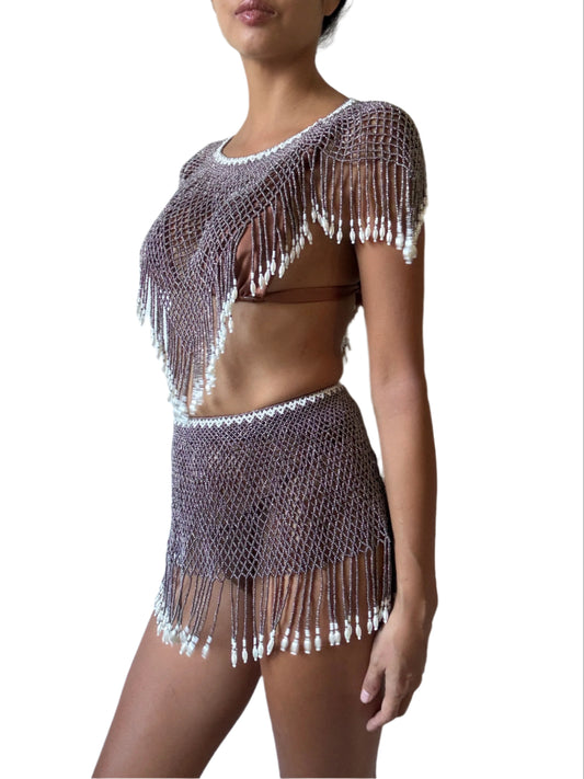 Athena Beaded Skirt Set in Silver