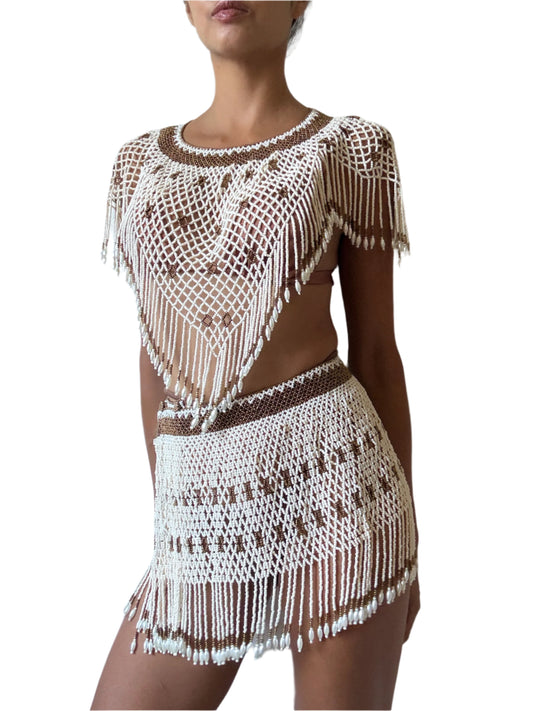 Athena Beaded Skirt Set in Pearlescent White