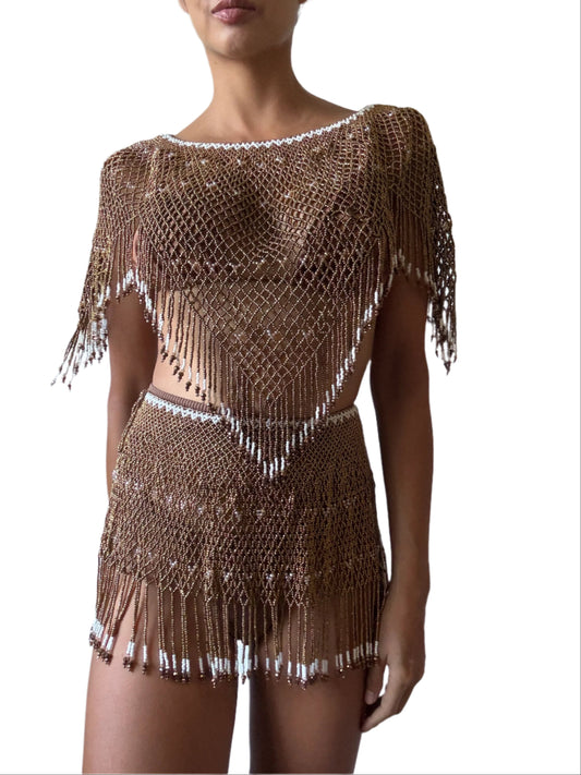 Athena Beaded Skirt Set in Gold