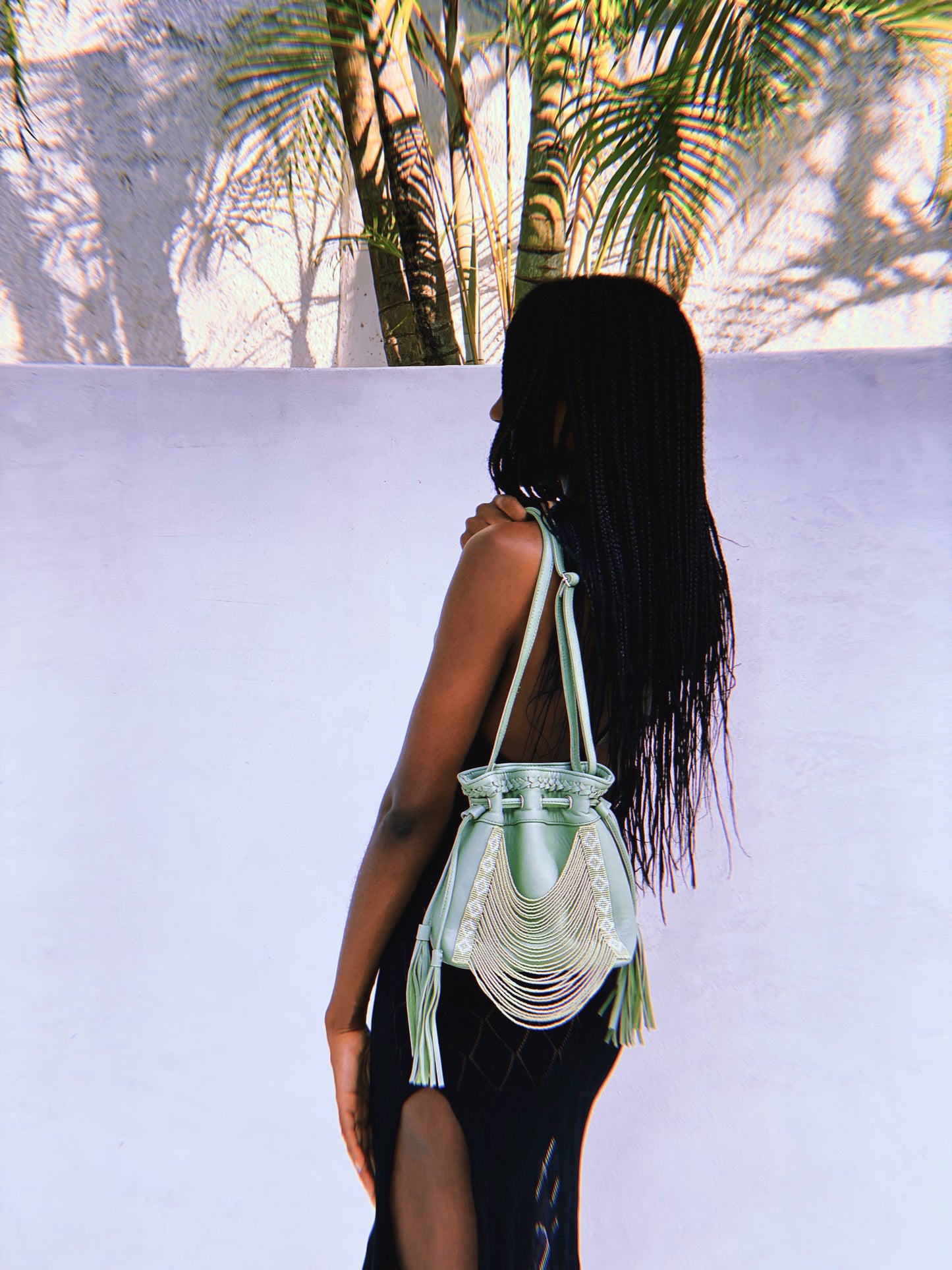 Sage Green Mini Beaded Bucket Bag